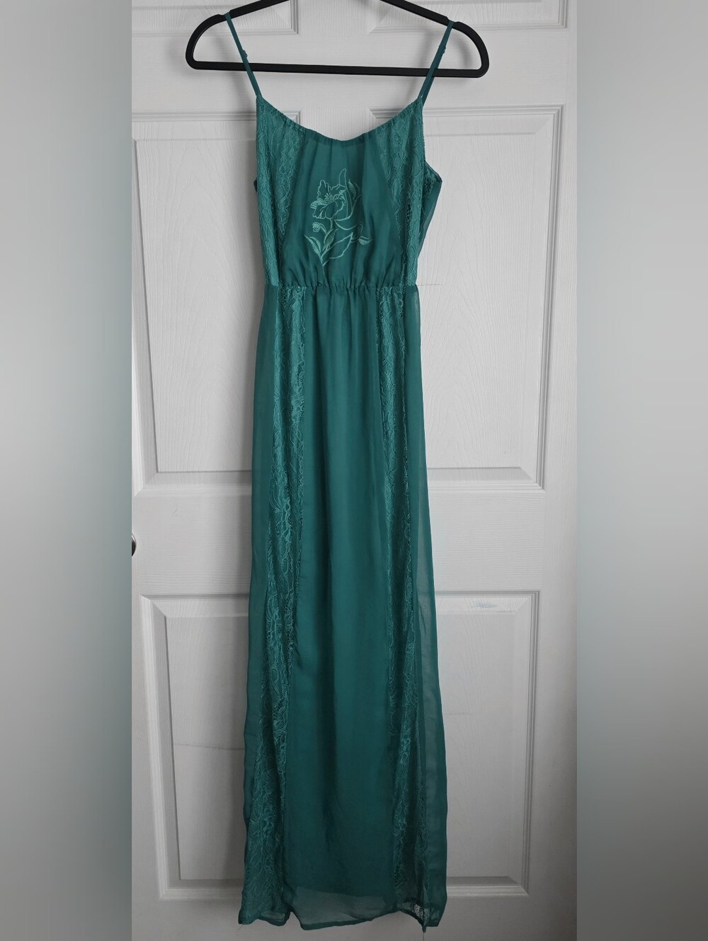 Teal Lace Maxi Dress Floral Embroidered Bodice Whimsigoth Boho Size Small